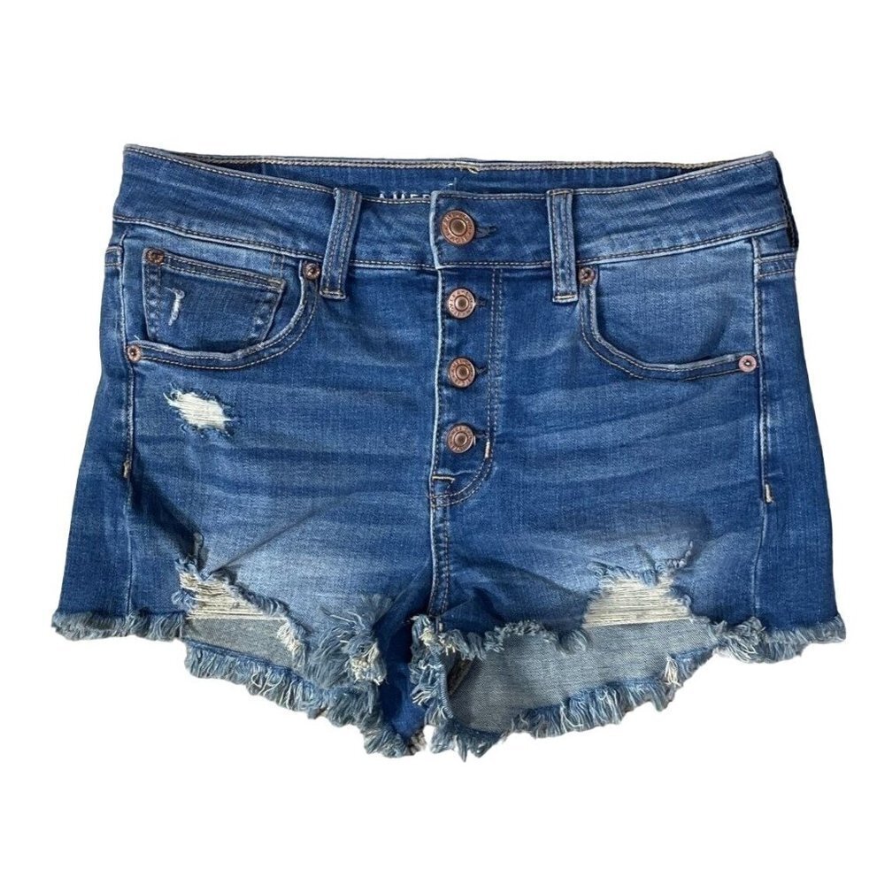 American Eagle Denim Cutoff Hi Rise Shortie Shorts Button Fly Distressed Size 4